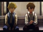  baccano! bench blonde_hair blue_eyes blue_pants blue_vest brick_wall brown_hair brown_pants closed_eyes collared_shirt curly_hair enami_katsumi feet_out_of_frame highres holding holding_scissors jitome letterboxed long_sleeves looking_at_another male_focus multiple_boys official_art pants park_bench parted_lips plaid ryohgo_narita_(mangaka) scan scissors shirt side-by-side sitting smile suspenders tick_jefferson tock_jefferson vest white_shirt 