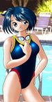  artist_request black_eyes competition_swimsuit copyright_request cowboy_shot goggles goggles_around_neck green_hair one-piece_swimsuit outdoors photo_background pool pool_ladder poolside short_hair smile solo standing swimsuit 