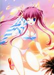  bikini blue_eyes long_hair lyrical_lyric mikeou non-web_source pink_hair sandals solo sunset swimsuit towel twintails 