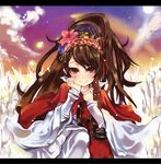  brown_hair copyright_request dress field guitar instrument long_hair orange_eyes sky smile solo yazawa_oke 