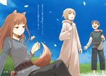  2girls animal_ears aryes ayakura_juu brown_hair day flower highres holo klass long_hair multiple_girls novel_illustration official_art red_eyes robe sitting sky spice_and_wolf tail translated wolf_ears wolf_tail 
