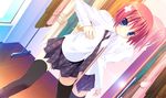  azel black_legwear blue_eyes blush dutch_angle game_cg hair_ornament kannagi_rei mirror necktie non-web_source red_hair reflection short_hair skirt solo sweatdrop thighhighs twinkle_crusaders zettai_ryouiki 