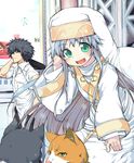  1girl :d afro animal black_hair cat dress_shirt from_side green_eyes hat hidori_(hibi_toridori) index kamijou_touma long_sleeves looking_at_viewer nun open_mouth pointy_ears profile robe safety_pin shirt silver_hair smile to_aru_majutsu_no_index white_shirt 