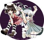  :&lt; :3 \o/ ahoge animal_ears arms_up beret blue_eyes boots braid brown_eyes brown_hair cat_ears chen cirno commentary_request hat kasane leaning_forward multiple_girls outstretched_arms ribbon short_hair silver_hair striped striped_legwear tail thighhighs touhou translation_request twin_braids wings 