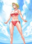  ass_visible_through_thighs azusa_(hws) bikini blonde_hair blue_eyes breasts cleavage cloud dated day front-tie_top large_breasts original red_bikini short_hair side-tie_bikini sky solo swimsuit underboob 