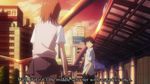  1girl building eye_contact fansub kamijou_touma looking_at_another misaka_mikoto non-web_source outdoors poorly_translated screencap sky skyscraper subtitled sunset to_aru_majutsu_no_index 