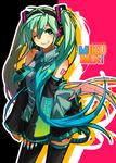  aqua_hair bad_id bad_pixiv_id detached_sleeves green_eyes hatsune_miku headphones long_hair microphone multicolored_hair nakbe necktie one_eye_closed skirt smile solo thighhighs twintails vocaloid zettai_ryouiki 
