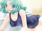  bathroom bathtub game_cg green_eyes green_hair kyun_kyun_dou one-piece_swimsuit school_swimsuit short_hair solo steam sugitaka_aoya swimsuit wet 