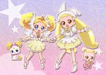  baby bare_legs blonde_hair blue_eyes bow brooch brown_eyes candy_(smile_precure!) choker color_connection creature crossover double_bun dual_persona full_body gloves hat head_wings ine jewelry long_hair magical_girl makihatayama_hana multiple_girls ojamajo_doremi ootani_ikue pink_bow precure royal_candy seiyuu_connection shoes short_hair skirt smile_precure! tiara twintails white_bloomers white_choker 
