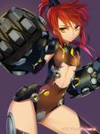  black_gloves black_legwear bodysuit copyright_name covered_navel elbow_gloves estelis_victim gauntlets gloves junketsu_duelion long_hair mecha_musume official_art ponytail red_hair solo thighhighs translated yangsion yellow_eyes 