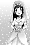  bouquet chitanda_eru dress earrings elbow_gloves flower gloves greyscale highres hyouka jewelry long_hair monochrome solo strapless strapless_dress vzmk2 wedding_dress 