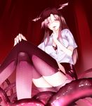  alternate_costume bad_id bad_pixiv_id bra breasts cleavage crossed_legs garter_straps hand_on_own_knee hand_to_own_mouth head_wings koakuma kurokuro long_hair looking_at_viewer medium_breasts miniskirt open_clothes open_mouth open_shirt purple_bra purple_legwear red_eyes red_hair shirt short_sleeves side_slit sitting skirt solo tentacles thighhighs touhou underwear wings zettai_ryouiki 