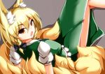  animal_ears blonde_hair blush braid breasts chinese_clothes cosplay fox_ears fox_tail hong_meiling hong_meiling_(cosplay) medium_breasts merry_(diameri) no_hat no_headwear open_mouth short_hair sitting skirt smile solo tail tangzhuang touhou twin_braids yakumo_ran yellow_eyes 