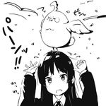  akiyama_mio animal animal_on_head bird bird_on_head black_eyes black_hair company_connection crossover dera_mochimazzui flying_sweatdrops greyscale hime_cut k-on! kyoto_animation long_hair monochrome on_head sakuragaoka_high_school_uniform school_uniform simple_background suzumeko tamako_market uniform 