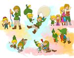  2girls atz6 belt black_eyes blonde_hair blue_eyes claws dual_persona ezlo gloves hat link long_hair multiple_boys multiple_girls pot princess_zelda smile the_legend_of_zelda the_legend_of_zelda:_skyward_sword the_legend_of_zelda:_spirit_tracks the_legend_of_zelda:_the_minish_cap tiara toon_link toon_zelda whip 