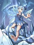  ascot aurora blue_eyes blue_hair bow cirno dress flying grasspainter hair_bow highres ice ice_wings night night_sky open_mouth ribbon short_hair sky smile solo touhou wings 