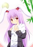  animal_ears bad_id bad_pixiv_id bamboo blazer breasts bunny_ears cleavage embarrassed full_moon gradient gradient_background highres hyurasan jacket long_hair moon necktie purple_hair red_eyes reisen_udongein_inaba small_breasts solo touhou undressing 