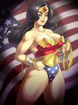  american_flag bad_id bad_pixiv_id bare_shoulders black_hair blue_eyes bracelet breasts cleavage cowboy_shot curvy dc_comics earrings flag_background jewelry large_breasts leotard lips long_hair maou_alba muscle rope solo star star_print superhero thick_thighs thighs tiara wonder_woman wonder_woman_(series) 