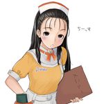  black_hair blush komari_mayuko long_hair love_plus megane_chuu menu solo waitress 