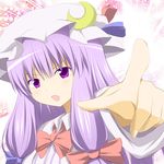  bow crescent dress fingernails foreshortening hair_bow hat hat_ribbon hyurasan light_particles light_trail long_hair looking_at_viewer objection open_mouth patchouli_knowledge pointing purple_eyes purple_hair ribbon sidelocks solo touhou 