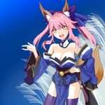  \m/ animal_ears bare_shoulders blue_legwear bow breasts cleavage collar detached_sleeves fang fate/extra fate_(series) fox_ears fox_tail hair_bow hair_ribbon hand_on_hip japanese_clothes large_breasts lowres obi open_mouth pink_hair ribbon robina sash smile solo tail tamamo_(fate)_(all) tamamo_no_mae_(fate) thighhighs twintails yellow_eyes 