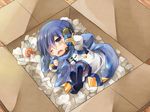  ? blue_eyes blue_hair blue_scarf blush box cardboard_box in_box in_container kaito kaito_(vocaloid3) looking_at_viewer male_focus scarf shinyae sleepy solo vocaloid wince 