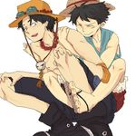  2boys black_shoes blue_vest boots brother brothers chin_cord crouch freckles fur_trim hand_on_hat hand_on_headwear happy_face hat hug male male_focus miya_(24toys) monkey_d_luffy multiple_boys one_piece piggyback portgas_d_ace red_shorts sad_face sandals scar shoes shorts shueisha siblings simple_background smiley squatting stampede_string straw_hat topless vest 