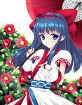  blue_eyes blue_hair blush bow fingerless_gloves flower fred0092 gloves hair_bow highres long_hair looking_at_viewer nakoruru oriental_umbrella red_bow samurai_spirits smile solo umbrella 