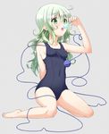  1girl bare_legs bare_shoulders barefoot feet female green_eyes green_hair highres hiroro komeiji_koishi long_hair no_hat no_headwear open_mouth popsicle sitting solo swimsuit third_eye toes tongue touhou wariza 