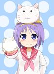  animal animal_on_head ball blue_eyes cat cat_on_head company_connection food hairband hiiragi_tsukasa kimineri kyoto_animation lucky_star mochi nyamou on_head parody pink_neckwear purple_hair ryouou_school_uniform school_uniform serafuku short_hair tamako_market wagashi yellow_hairband 