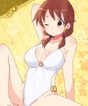  arm_behind_head breasts brown_eyes brown_hair casual_one-piece_swimsuit cleavage earrings highleg highleg_swimsuit idolmaster idolmaster_cinderella_girls jewelry katagiri_sanae large_breasts low_twintails o-ring o-ring_swimsuit one-piece_swimsuit one_eye_closed short_hair short_twintails sitting solo spread_legs sr_soba star swimsuit twintails white_swimsuit 