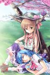  bad_id bad_pixiv_id belt borrowed_garments bow brown_hair chain food fruit gourd hair_bow hair_ribbon hat hat_removed headwear_removed headwear_switch hinanawi_tenshi horns ibuki_suika lap_pillow long_hair moss_(sphere211) multiple_girls peach ribbon sitting sleeping smile touhou white_legwear wrist_cuffs yellow_eyes 