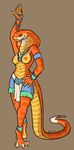  breasts clothed clothing cobra female half-dressed looking_at_viewer nipples plain_background reptile royalty_(artist) scalie snake solo topless 