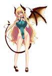  1girl blonde_hair breasts demon_girl enoko_(zqfebi) fangs ga_no_kitsune highres horns large_breasts long_hair long_tongue monster_girl nipples simple_background single_wing succubus tail tongue white_background wings 