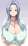  1girl blue_hair breasts brown_eyes cleavage copyright_request huge_breasts kloah long_hair paizuri paizuri_under_clothes penis_under_clothes 