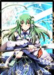  blush detached_sleeves frog_hair_ornament gohei green_eyes green_hair hair_ornament hair_tubes highres kochiya_sanae long_hair ofuda rod shino_(moment) skirt smile snake_hair_ornament solo star touhou 