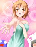  1girl blush breasts highres imagining kotoura-san kotoura_haruka kyamu_(qqea92z9n) large_breasts manabe's_daydream_creature manabe_yoshihisa naked_towel open_mouth orange_eyes orange_hair short_hair smile tears thought_bubble towel 