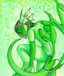  collar dragon ear_piercing green_theme kneeling looking_at_viewer looking_back male piercing scalie smile thick_tail unyko wings 