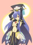  1girl arms_up belt blue_hair breasts cat cleavage elbow_gloves fatima gloves hair_over_one_eye highres jewelry josie long_hair looking_at_viewer luminous_arc luminous_arc_2 midriff navel no_hat open_mouth pendant red_eyes roadksa solo thighhighs witch 