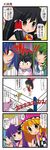  4koma 6+girls alternate_costume ascot black_hair blonde_hair blue_eyes blue_hair bow braid breasts check_translation checkered checkered_dress clenched_teeth comic crescent crowd dei_shirou detached_sleeves dress fujiwara_no_mokou green_eyes green_hair hair_bow hair_ornament hair_ribbon hair_tubes hakurei_reimu hat hat_ribbon highres hime_cut hinanawi_tenshi houraisan_kaguya kawashiro_nitori kirisame_marisa kochiya_sanae long_hair long_sleeves medium_breasts microphone multiple_girls open_mouth patchouli_knowledge purple_eyes purple_hair red_eyes ribbon sideboob smile snake_hair_ornament surprised sweat teeth thighhighs touhou translation_request wide_sleeves wrestling_outfit wrestling_ring yellow_eyes 