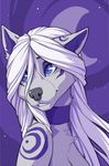  2013 blue_eyes body_markings canine collar female hair long_hair markings portrait smile solo white_hair wolf wolfy-nail 