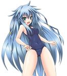  1girl blue_eyes blue_hair blush duel_monster eria korican long_hair no_bra open_mouth solo swimsuit yu-gi-oh! 