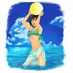  aqua_sarong arms_up bad_id bad_pixiv_id ball bikini black_eyes black_hair cloud day mikasa_ackerman moriyama_haruya sarong shingeki_no_kyojin short_hair solo striped_bikini_top swimsuit water 