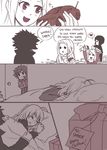  3girls ahoge artoria_pendragon_(all) box character_doll chibi christmas comic doll emiya_kiritsugu english family fate/zero fate_(series) gift gift_box heart hisau_maiya illyasviel_von_einzbern irisviel_von_einzbern long_hair merry_christmas monochrome multiple_girls red_eyes rynn_(seibu) saber sleeping spoken_heart toy_car 