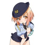  breasts derivative_work female_service_cap gun handgun hat highres kotoura-san kotoura_haruka large_breasts licking licking_weapon orange_eyes orange_hair pencil_skirt police police_hat police_uniform policewoman revolver rutsubo short_hair simple_background skirt solo sonna_koto_ura_no_mata_urabanashi_desho? uniform weapon 