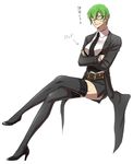  anger_vein arin66 belt black_legwear blazblue breast_padding breasts closed_eyes crossed_arms crossed_legs formal genderswap genderswap_(mtf) green_hair hazama high_heels jacket lace lace-trimmed_thighhighs large_breasts md5_mismatch miniskirt multiple_belts nail_polish necktie pencil_skirt shoes short_hair sitting skirt skirt_suit solo suit thighhighs translation_request 