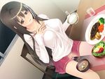  1girl black_eyes black_hair blush breasts chair chopsticks cup discreet_vibrator dish food game_cg ichikawa_noa large_breasts long_hair rice sitting skirt solo table vibrator vibrator_under_clothes virgin_wife_hisoyaka_na_kaitsuu_anata_otousan_ni_shitsukerate_shimatta_no water wet 