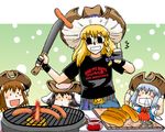  animal_ears azuki_osamitsu bbq_pit_boys black_hair blonde_hair blush bread brown_hair bunny_ears casual cat_ears chen child cirno clothes_writing commentary_request cooking cowboy_hat double_thumbs_up earrings food grill grilling hat hot_dog ice ice_wings inaba_tewi jewelry kirisame_marisa long_hair machete mini-hakkero multiple_girls sausage shirt short_hair snot sunglasses t-shirt thumbs_up touhou wings 