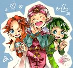  belt blonde_hair blue_eyes bottle fairy green_hair green_hairband hairband hat long_hair malon multiple_girls noisyyuri one_eye_closed orange_hair pointy_ears princess_zelda red_hair saria short_hair smile the_legend_of_zelda the_legend_of_zelda:_ocarina_of_time young_zelda 