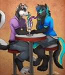  anthro belt black_fur blue_fur breasts canine claws clothing couple drink duo female food fur hand_holding ifus male mammal orange_eyes pawpads romantic shirt skunk smile straight teeth wolf yellow_fur 